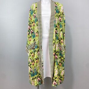 Paper Source Robe Womens OS Green Floral Viscose Striped Trim Open Front Kimono